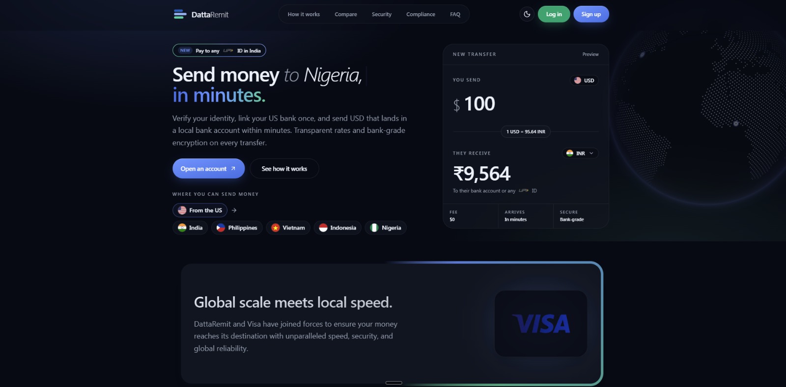 DattaRemit product showing its US to India money-transfer experience