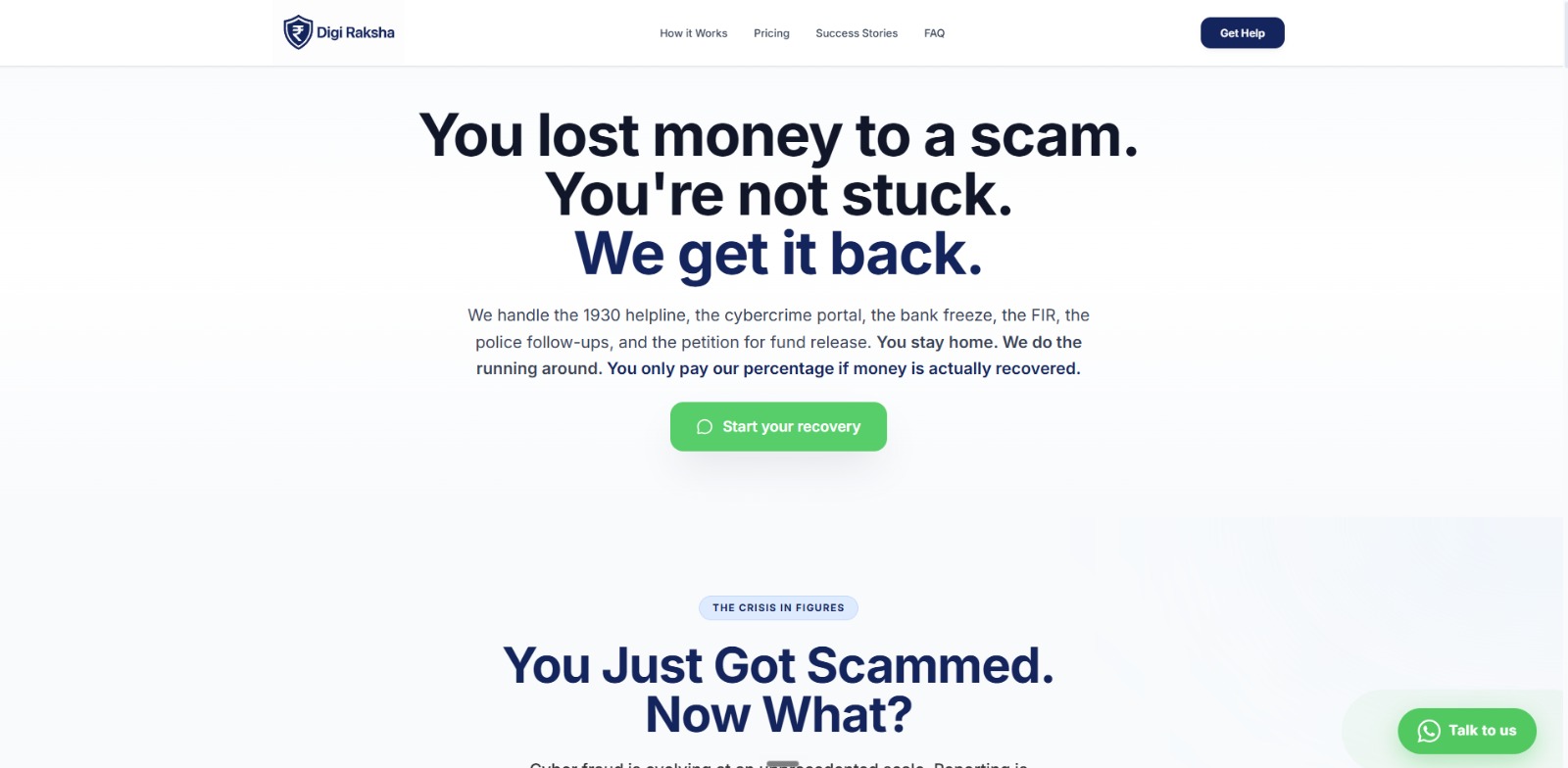 DigiRaksha cyber-fraud recovery website and case-intake experience