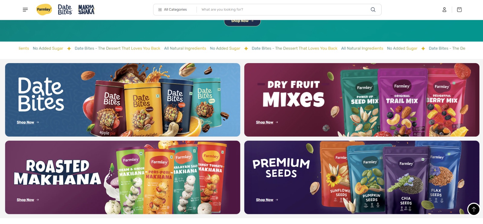Farmley online store showing product collections for snacks and dry fruits