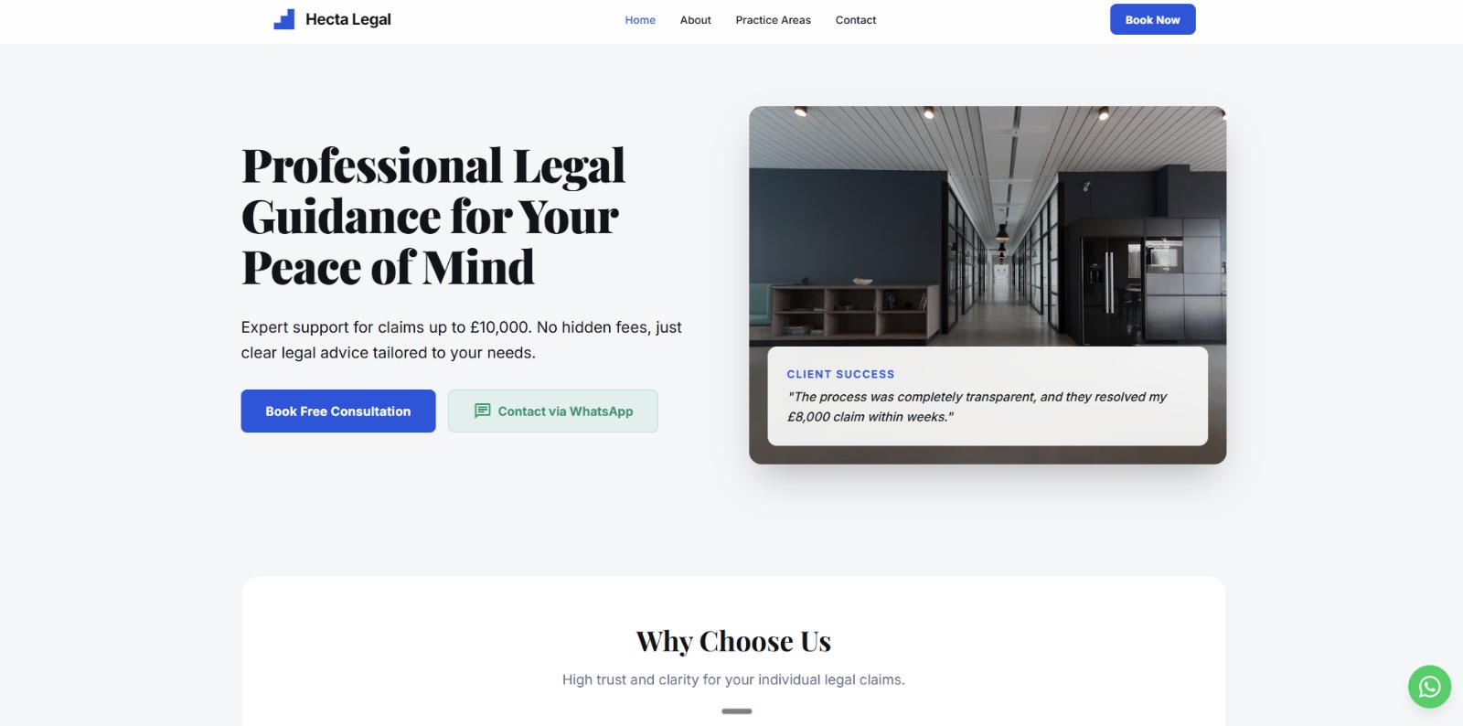 Hecta Legal website showing its consultation-focused legal services homepage