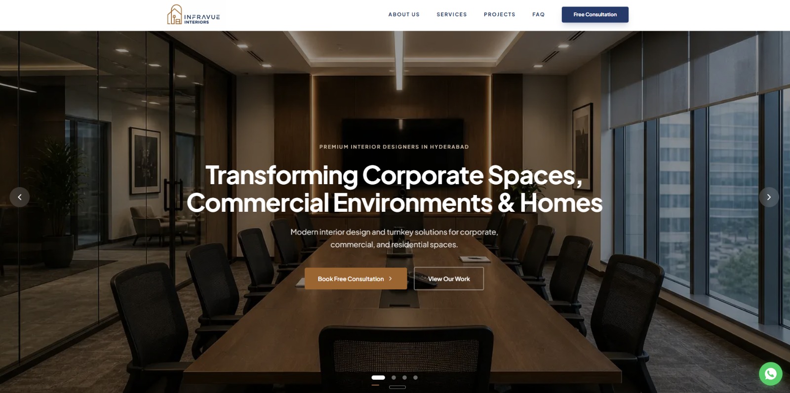 InfraVue Interiors website showing a premium commercial interior project