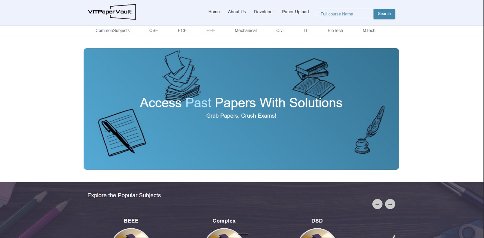 VIT Paper Vault showing its searchable previous-exam-paper library